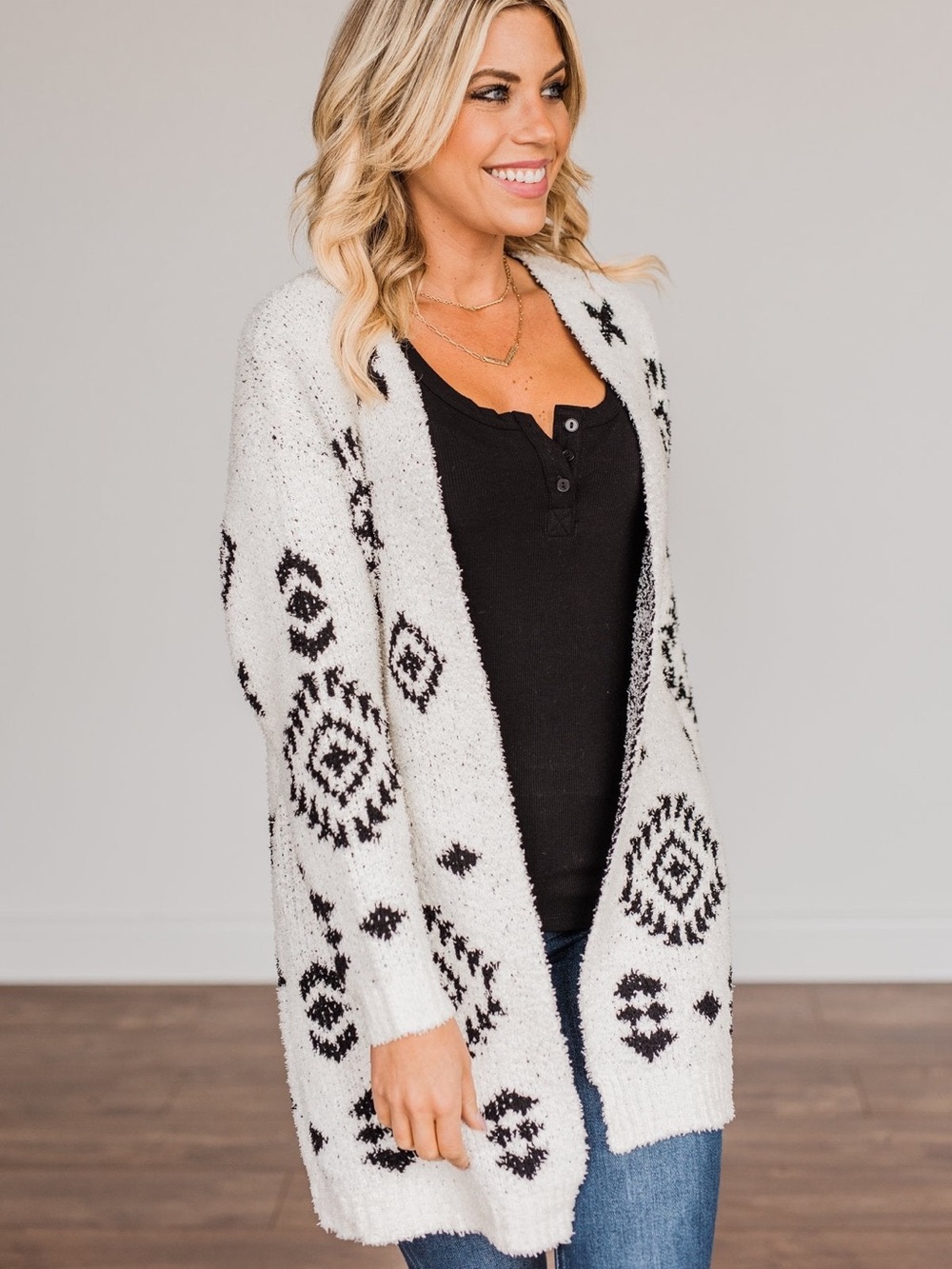 Baltic Born Missoula Long Cardigan Black and White Aztec Large Plush Cozy Chunky